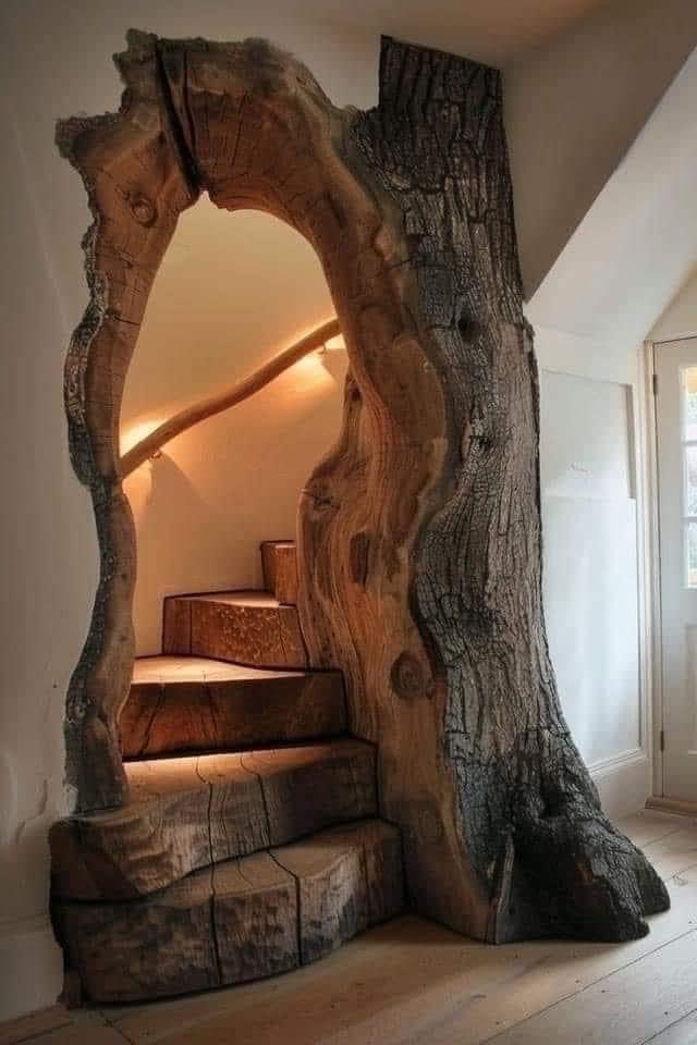 Stairs ascending through a tree trunk doorway